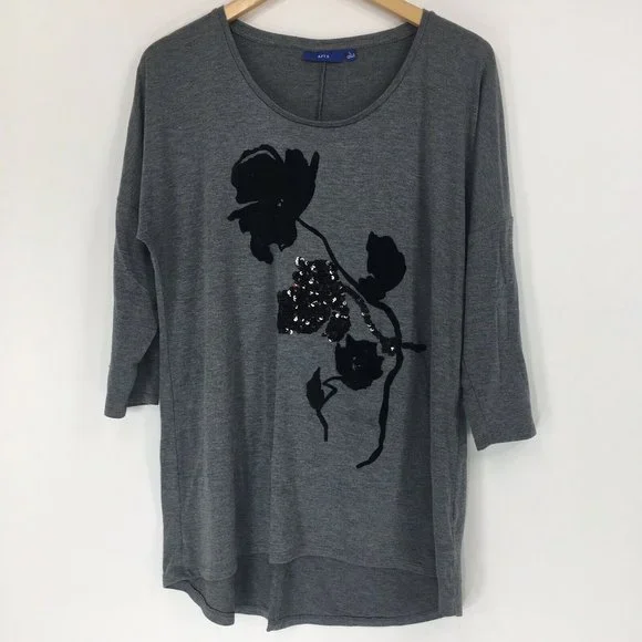 Apt 9 L Large Blouse Gray Black Floral Felt Sequin Print Dolman Drop Sleeve Grey - Picture 2 of 6
